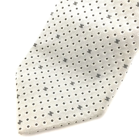 AUTH CELINE Macadam Triomphe Dots 100% Silk Tie White - Picture 2 of 7